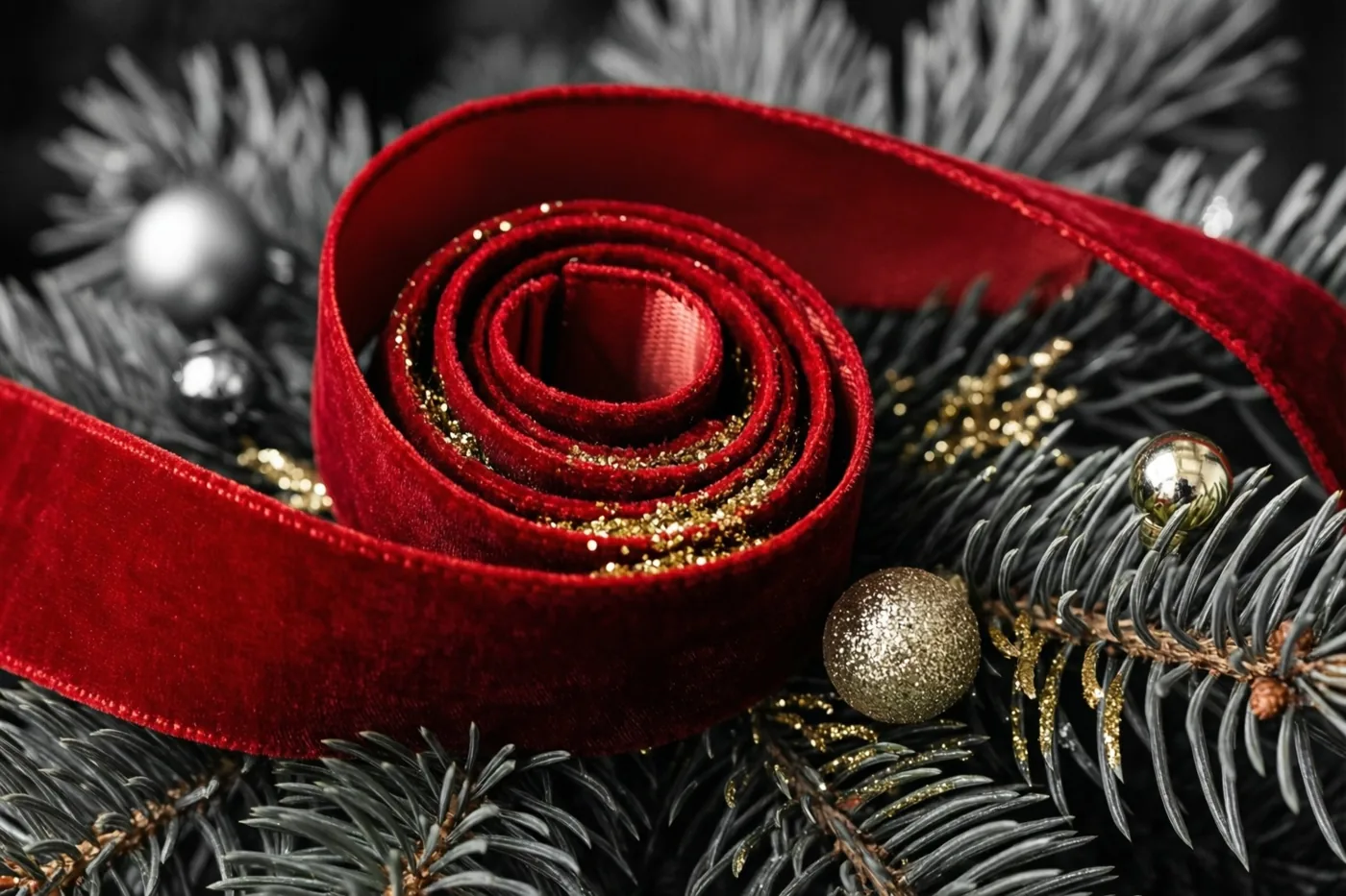 Een rood fluwelen lint krult over gouden glitter tussen donkere dennennaalden en kleine metaalkleurige kerstballen.