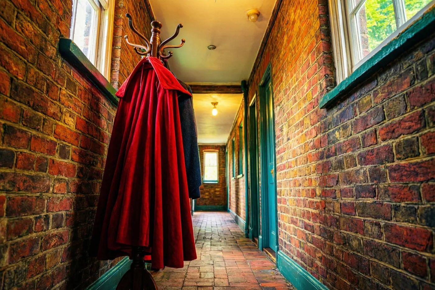 Een rode fluwelen mantel hangt aan een houten kapstok in de smalle gang van een oud bakstenen rijhuis, met gele plafondlampen en blauwgroene raam- en deurkozijnen.