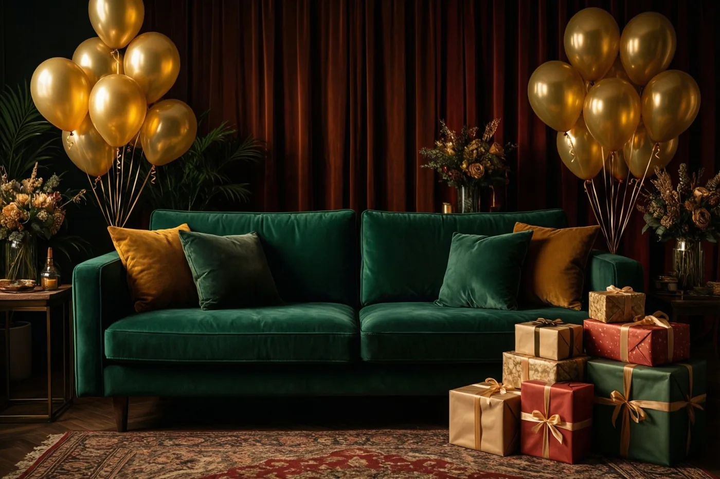 Een diepgroene fluwelen zetel staat tussen gouden ballonnen en stapels cadeaus in een warm verlichte kamer met dieprode gordijnen, een tapijt met patronen en bloemstukken.