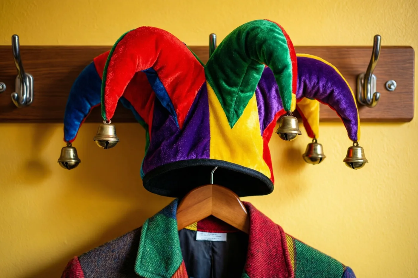 Een zotskap met rode, groene, blauwe, paarse en gele fluwelen punten en messing belletjes hangt op een houten kleerhanger tegen een gele muur.