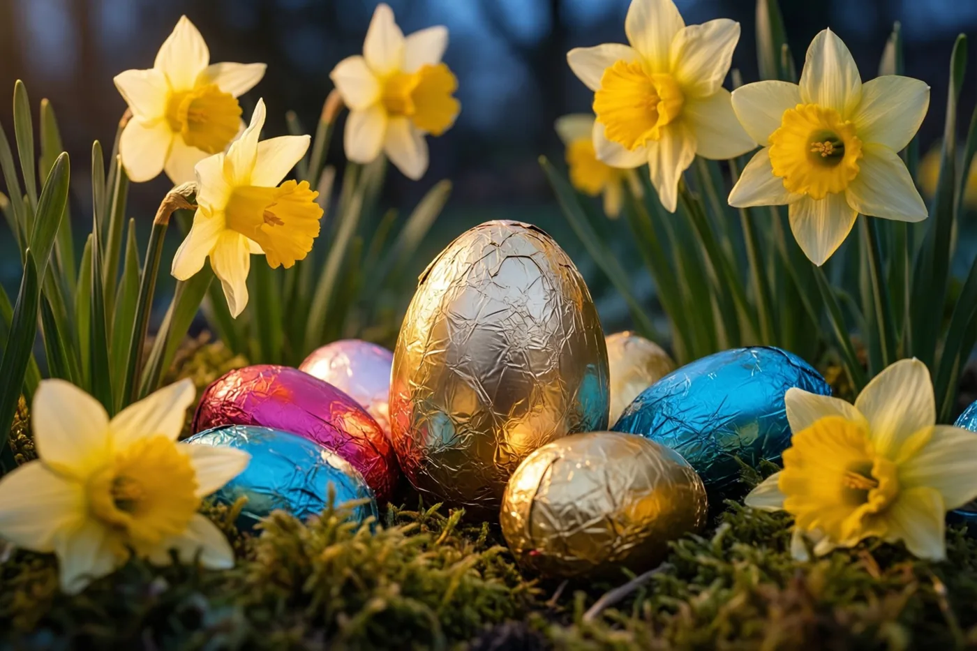 Chocolade-eieren in kleurrijke folie liggen tussen bloeiende narcissen in een tuin met gele, gouden en groene tinten.