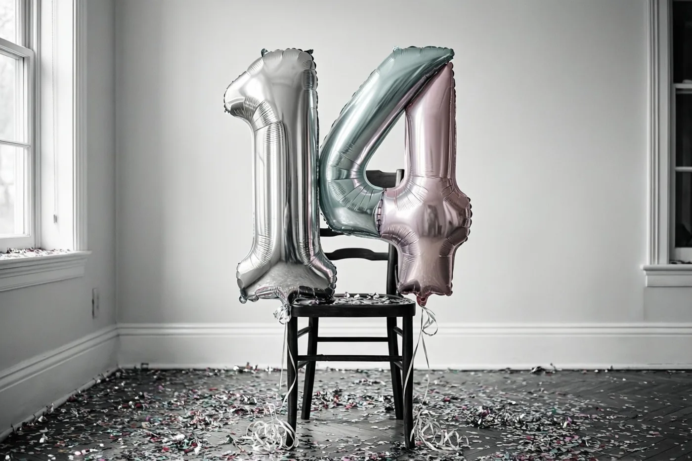 Twee grote folieballonnen vormen 14 aan een donkere houten stoel in een lichte, sobere kamer met confetti en ramen aan beide kanten.