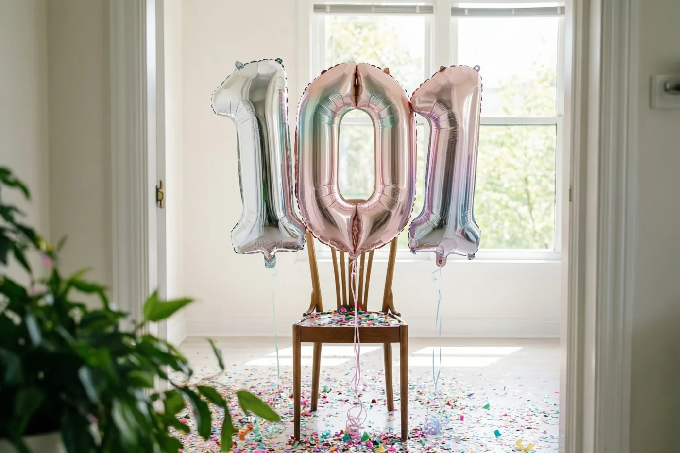 Drie folieballonnen vormen 101 en zijn aan een houten stoel vastgemaakt in een lichte kamer met kleurrijke confetti op de vloer en een raam achteraan.