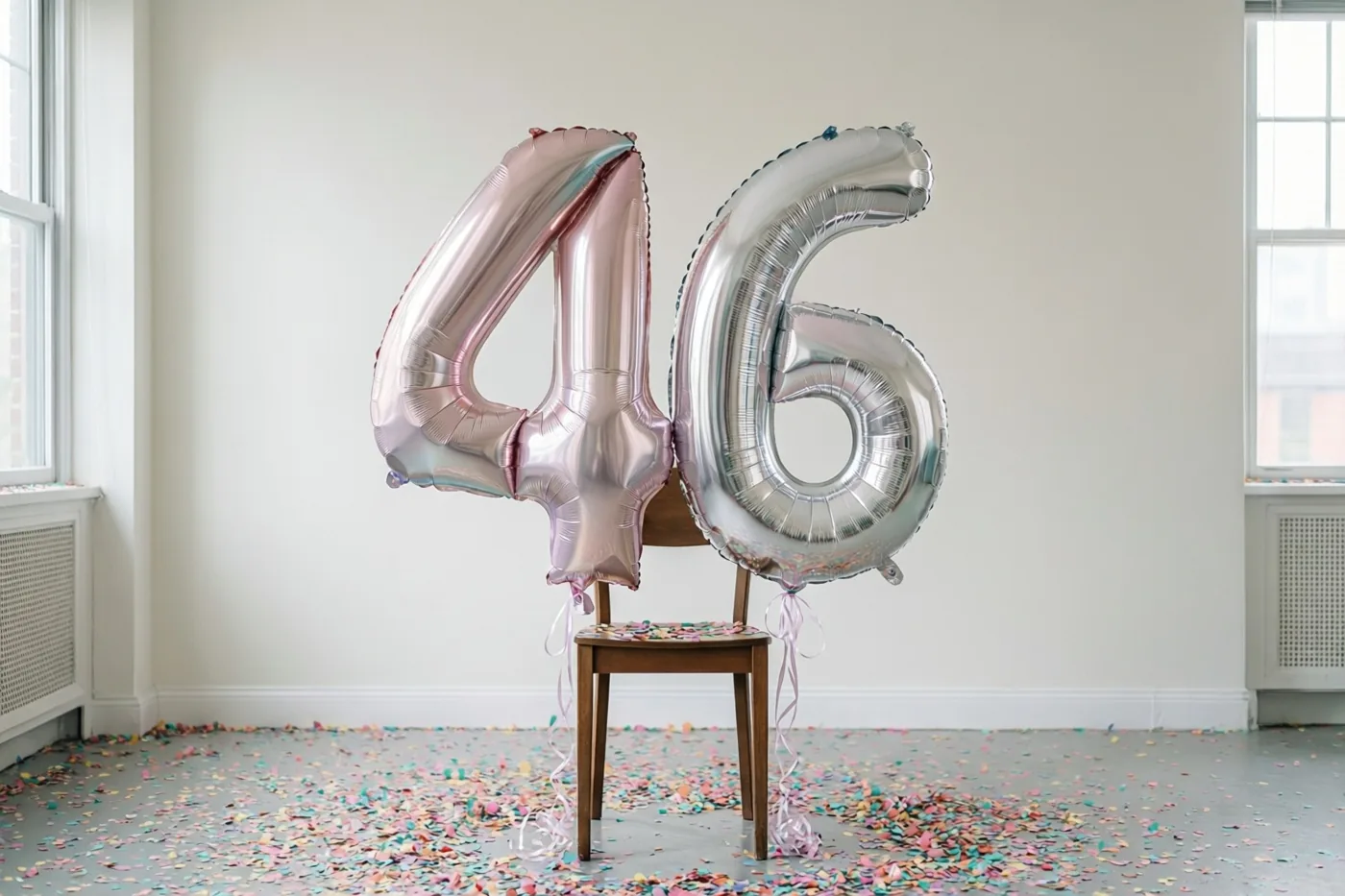 Zilveren en roségouden folieballonnen in de vorm van 46 zijn vastgebonden aan een houten stoel in een lichte, sober ingerichte kamer met kleurrijke confetti op de vloer.
