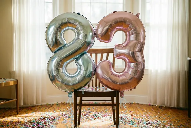 Twee grote folieballonnen in de vorm van 8 en 3 hangen aan een houten stoel in een lichte kamer met kleurrijke confetti en ramen met dunne gordijnen.