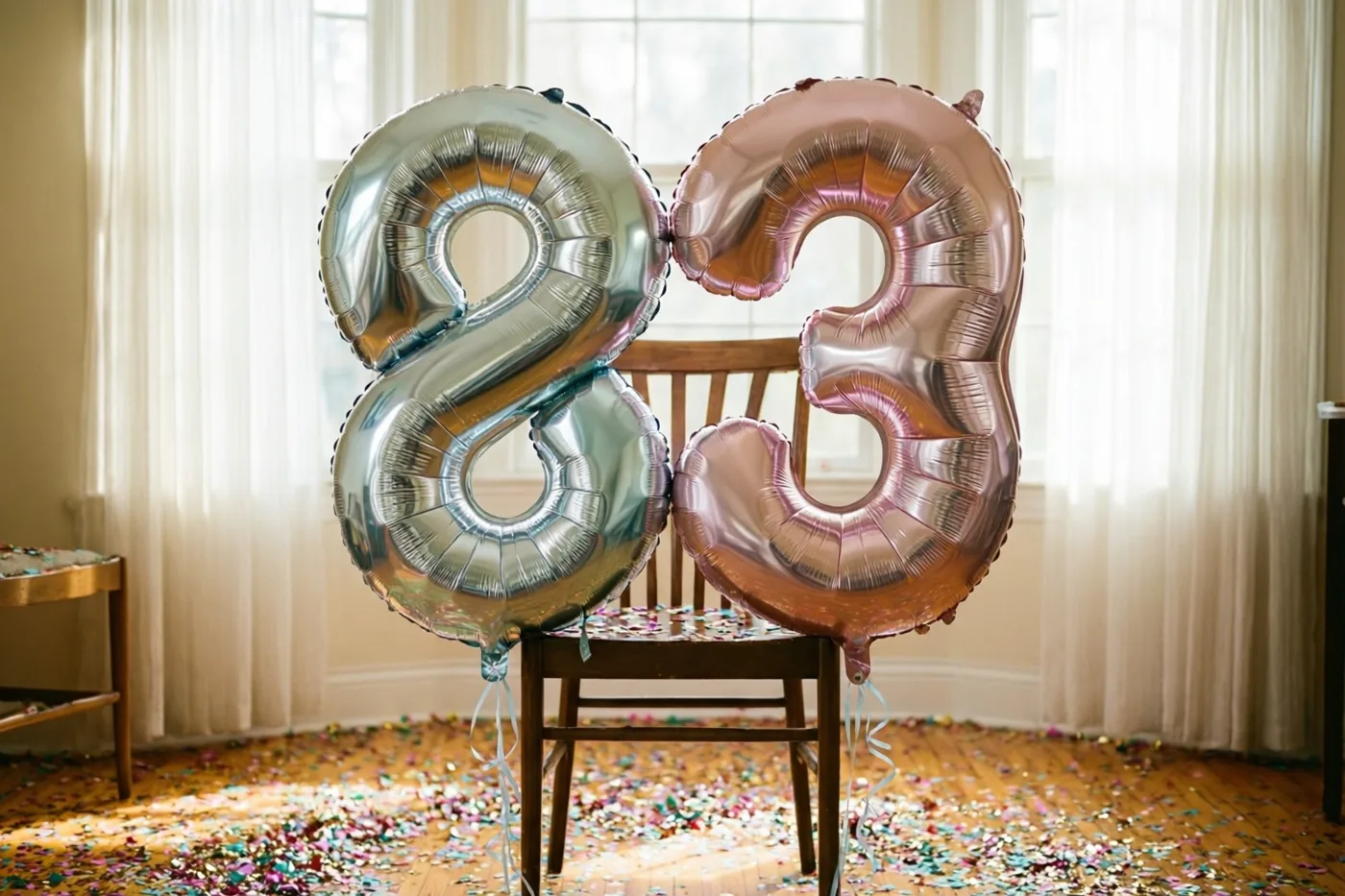 Twee grote folieballonnen in de vorm van 8 en 3 hangen aan een houten stoel in een lichte kamer met kleurrijke confetti en ramen met dunne gordijnen.
