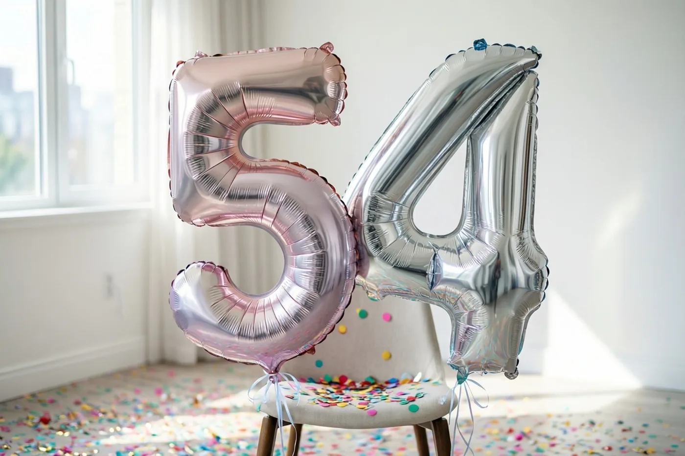 Twee grote folieballonnen in de vorm van 5 en 4 zijn vastgemaakt aan een stoel in een lichte kamer met kleurrijke confetti op de vloer.