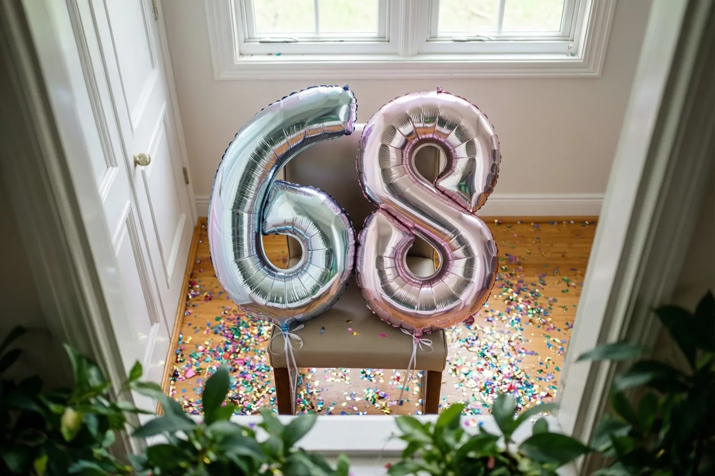 Vanuit een deuropening met groene planten op de voorgrond zijn twee grote folieballonnen in de vorm van 68 te zien aan een stoel in een lichte kamer met kleurrijke confetti op de vloer.