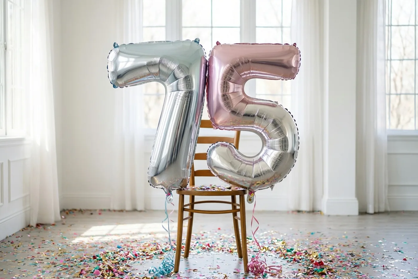 Folieballonnen vormen samen 75 aan een houten stoel in een witte kamer met confetti op de vloer en daglicht door doorschijnende gordijnen.