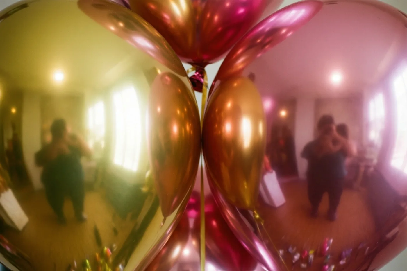 Glanzende gouden en roze folieballonnen weerspiegelen elkaar binnenshuis in warm licht, met onscherpe figuren op de achtergrond.