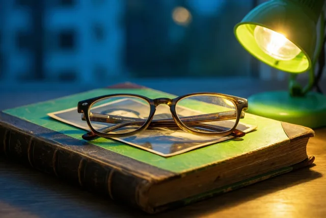 Een leesbril ligt op een oud versleten fotoalbum op een houten tafel onder het licht van een groene bureaulamp.