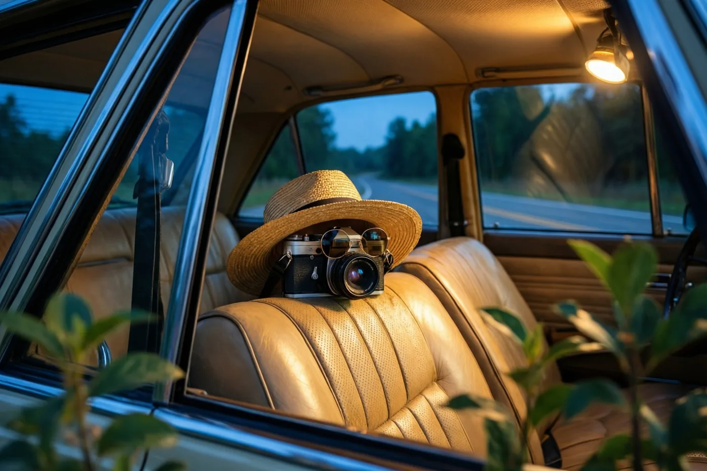 Een oud fototoestel, een ronde zonnebril en een strohoed liggen op een lichtbruine leren zetel in een oude auto bij schemering, met warme binnenverlichting en groen buiten de ramen.