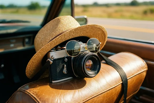 Een oud fototoestel, een ronde zonnebril en een strohoed liggen op een bruine leren autozetel tijdens een zonnige rit, met een wazig landschap buiten.