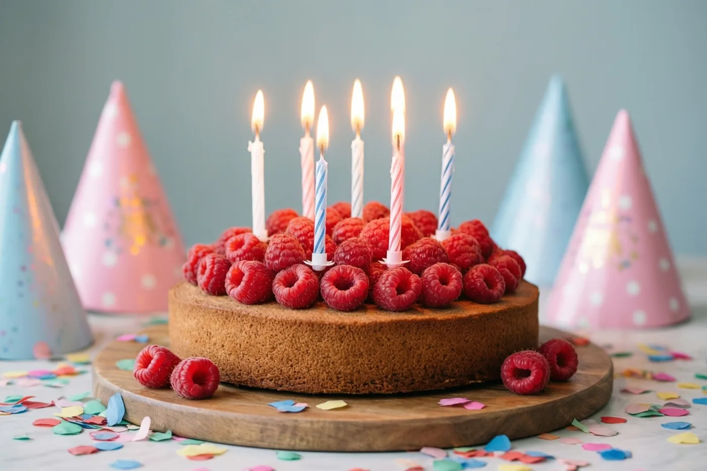 Een ronde taart met onbedekte zijkanten, verse frambozen en brandende kaarsen staat op een houten plank tussen kleurrijke confetti en feesthoedjes tegen een zachte blauwgrijze achtergrond.