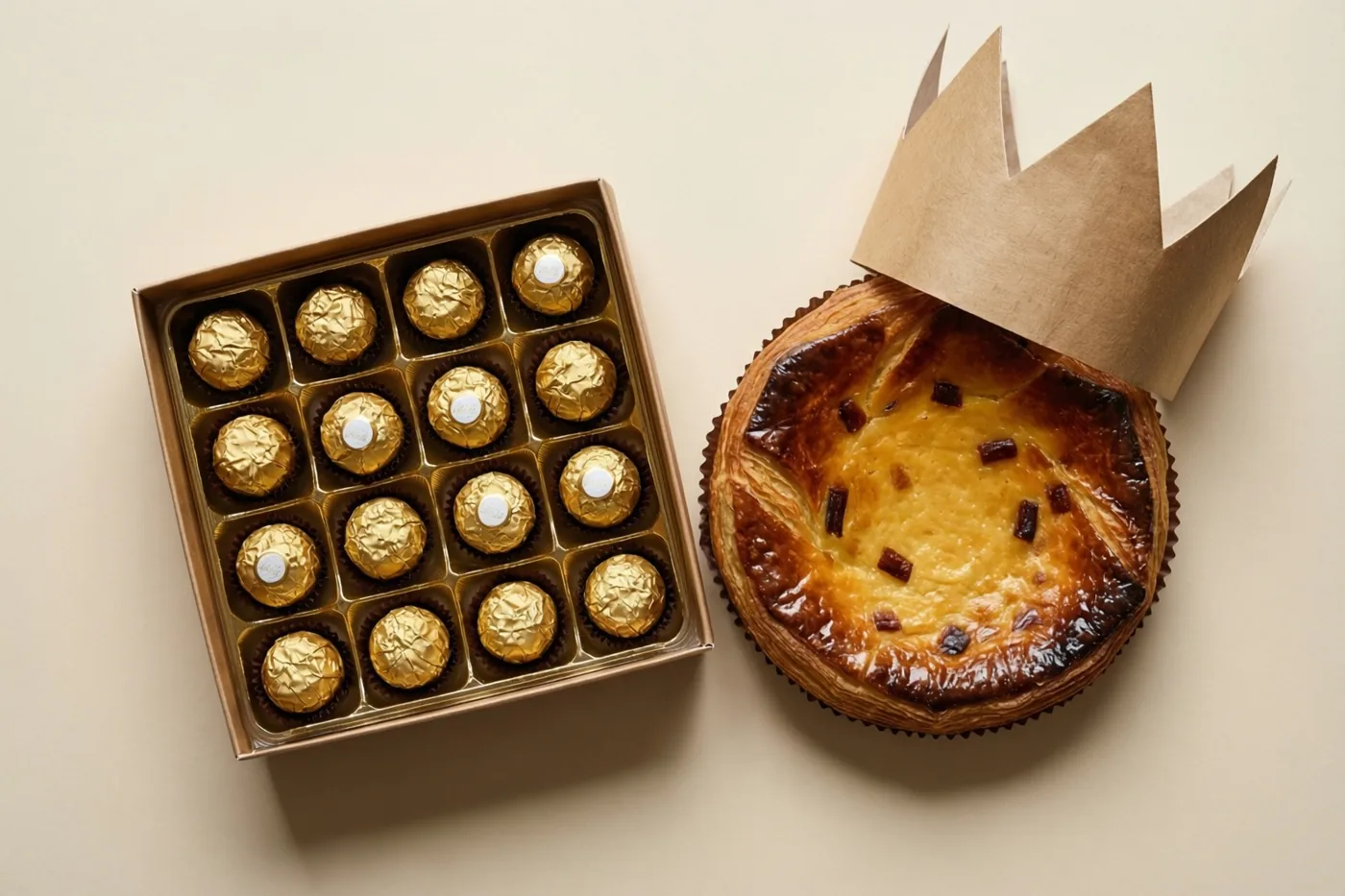 Een doos chocolaatjes in goudkleurige wikkels staat naast een goudbruine frangipanetaart met een papieren kroon erop, op een effen beige oppervlak in zacht licht.