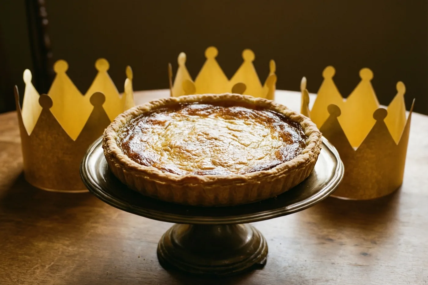 Een goudbruine frangipanetaart staat op een donkere metalen taartstandaard op een houten tafel, met drie goudkleurige papieren kronen eromheen in warm licht.