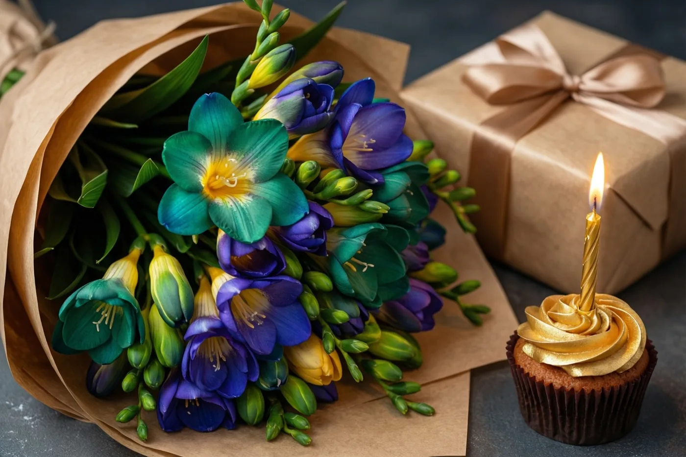 Een kleurrijk boeket freesia's in bruin papier ligt op een donker oppervlak naast een ingepakt cadeau en een cupcake met een brandend kaarsje, in warm licht.