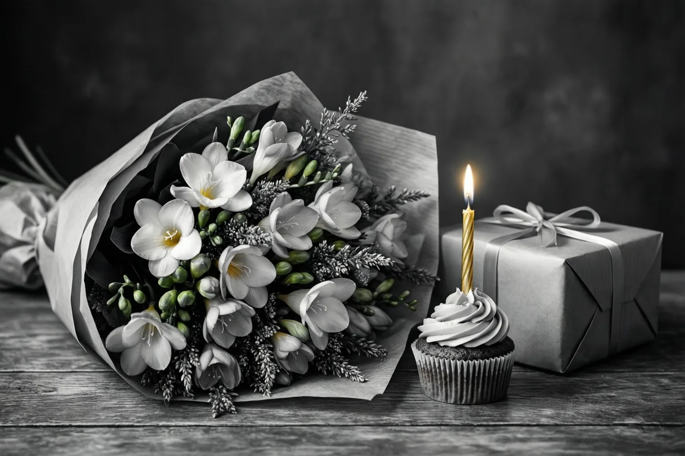 Een boeket freesia's in papier ligt naast een cupcake met een brandend kaarsje en een ingepakt cadeau op hout, in een monochroom beeld met kleuraccenten in de vlam en de bloemharten.