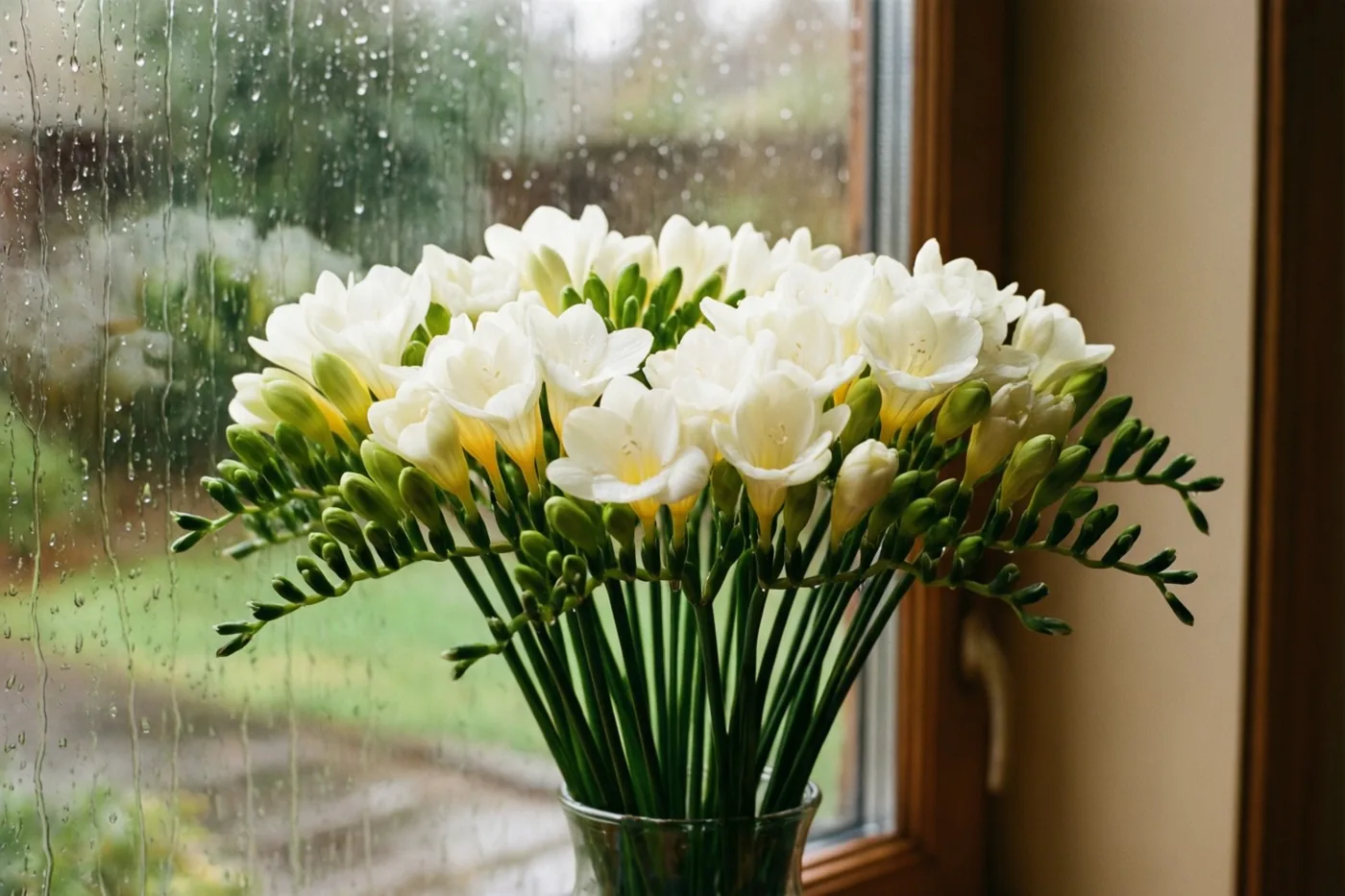 Een boeket witte freesia’s staat in een doorzichtige glazen vaas op een vensterbank met regen op het raam erachter, in witte, groene en bruine tinten.
