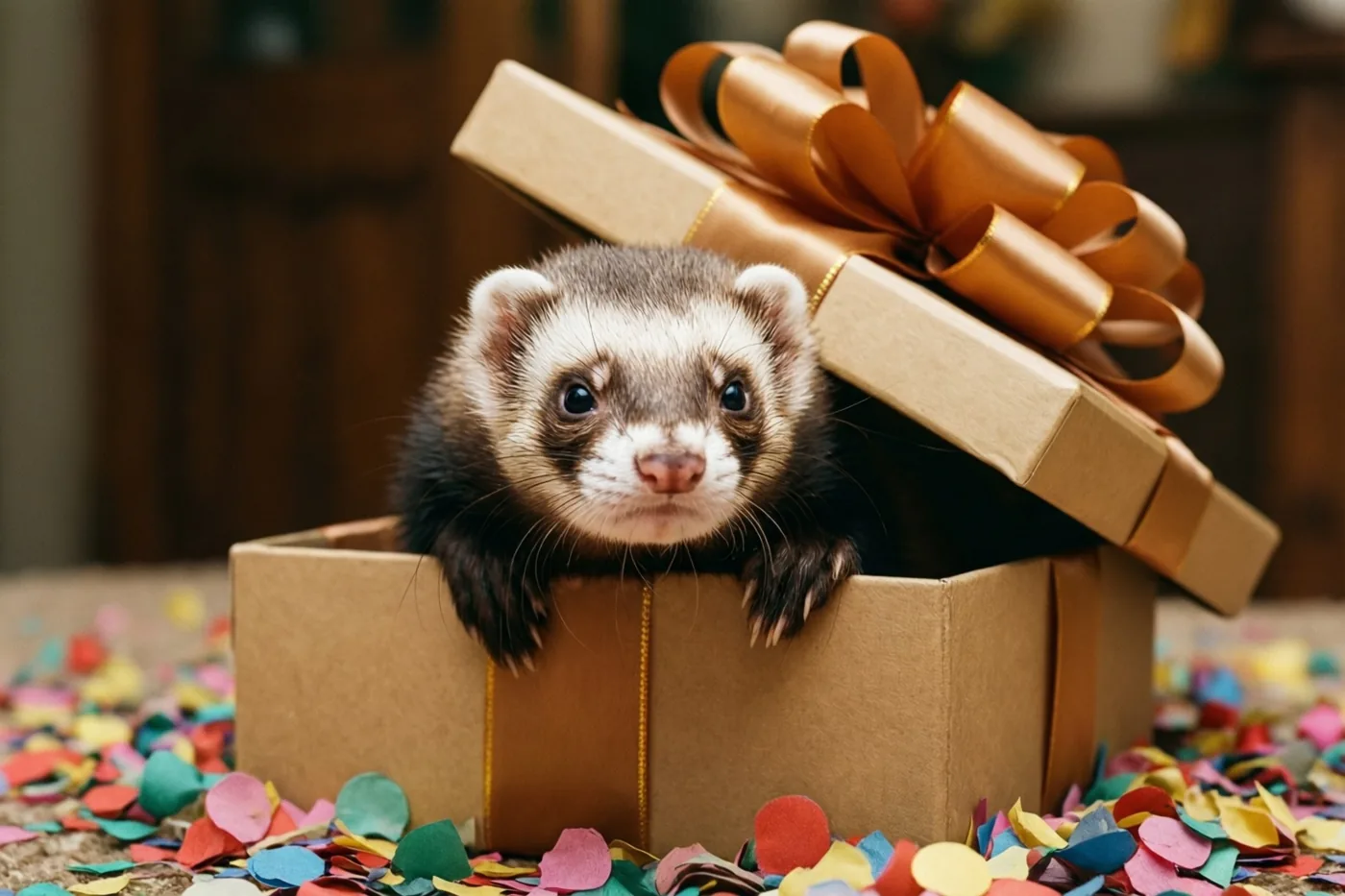 Een fret gluurt uit een open geschenkdoos met een grote gouden strik, tussen kleurrijke confetti op een vloer met tapijt in warm licht.