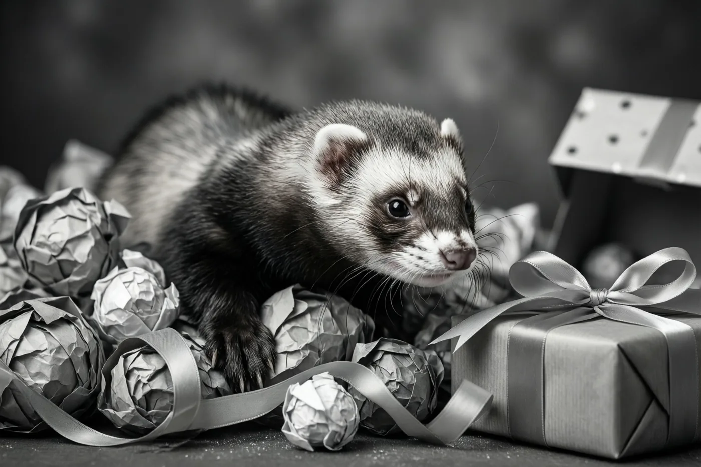 Een fret ligt tussen verfrommeld inpakpapier en linten naast een ingepakte geschenkdoos in een monochroom beeld.