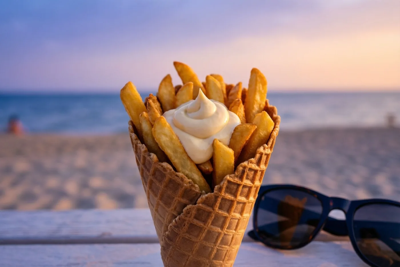 Een wafelhoorntje met goudgele frieten en mayonaise staat op een wit houten oppervlak aan het strand, met zee en een paarsoranje zonsondergang op de achtergrond.
