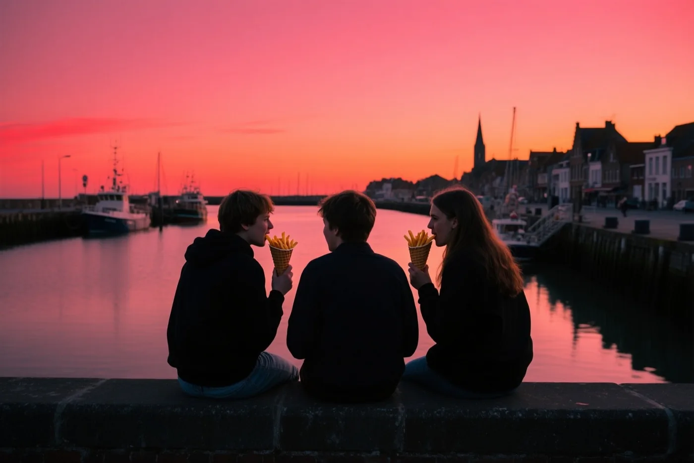 Drie vrienden zitten met hun rug naar de kijker op een havenmuur en eten frieten uit papieren puntzakken bij een roze en oranje zonsondergang, met boten en gebouwen achter hen.