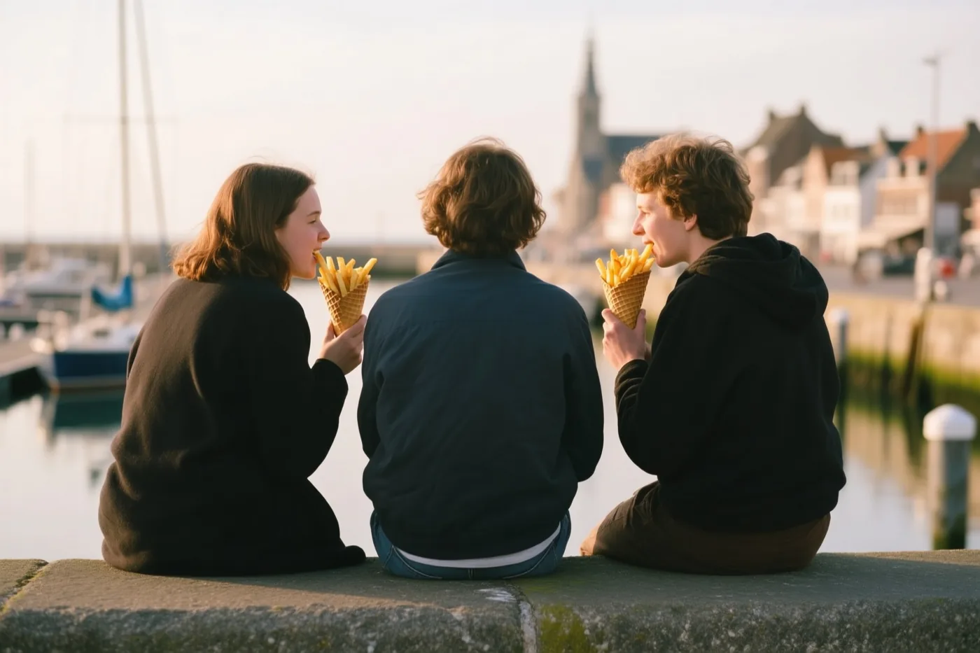 Drie vrienden zitten met hun rug naar de kijker op een havenmuur en eten frieten uit wafelhoorntjes, met boten en gebouwen op de achtergrond.