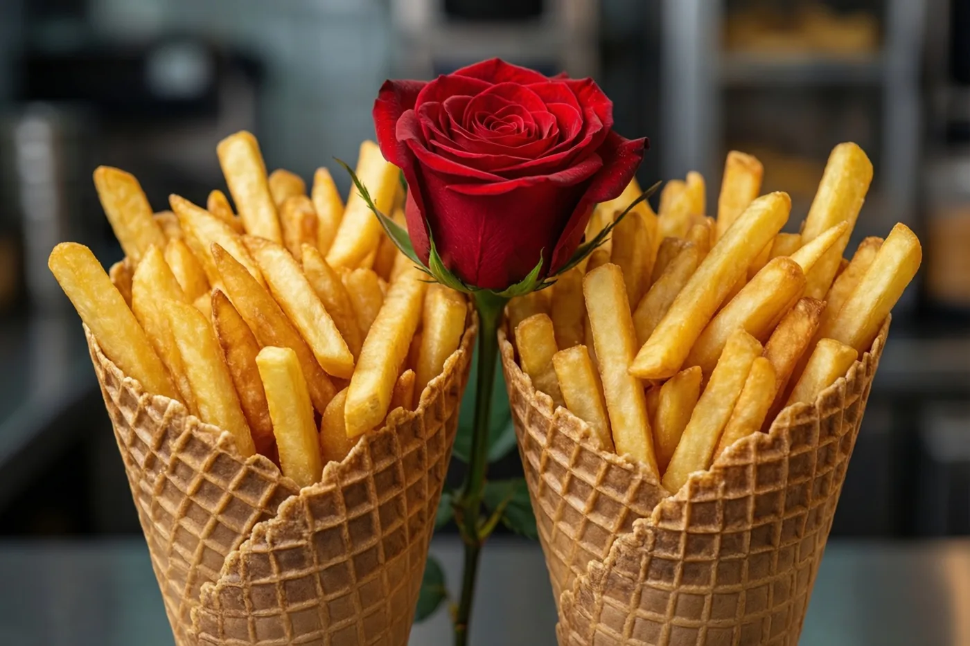 Twee wafelhoorntjes met goudgele frieten staan naast elkaar met een felrode roos ertussen, voor een wazige achtergrond die aan een frituurtoog doet denken.