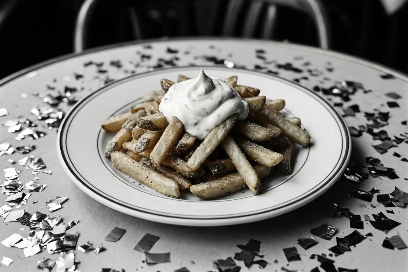 Een zwart-witfoto toont een bord krokante frieten met een toef mayonaise op een cafétafel met confetti.