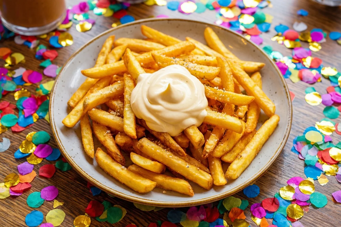 Een bord goudbruine frieten met een toef mayonaise staat op een houten tafel vol rode, blauwe, gele en paarse confetti.