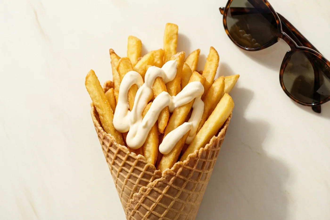 Een wafelhoorntje met goudgele frieten en witte mayonaise staat op een lichte ondergrond naast een zonnebril met schildpadmotief.