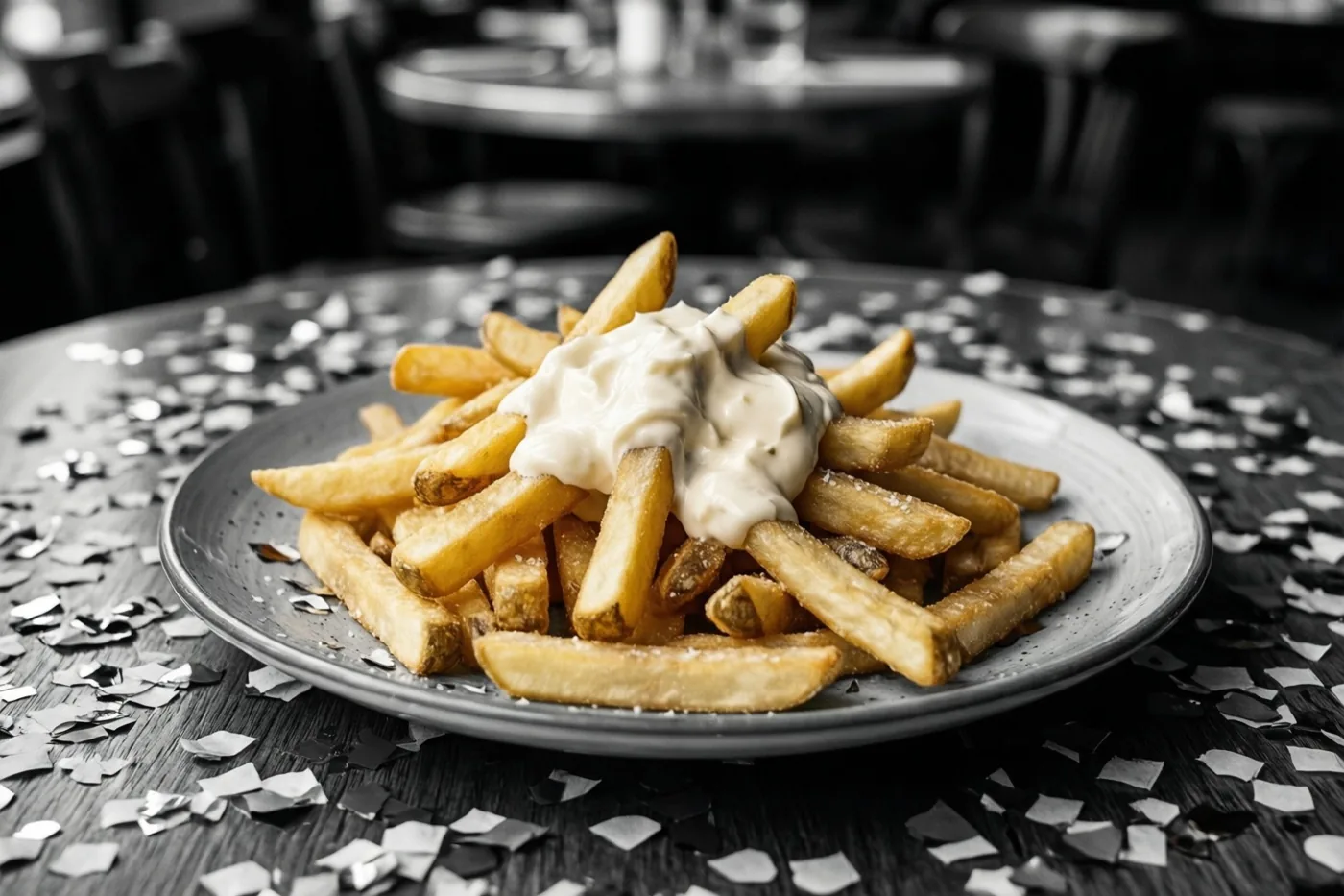 Een bord goudbruine frieten met mayonaise staat op een donkere houten tafel met zilveren confetti in een schemerig café, met onscherpe tafels en stoelen achteraan.