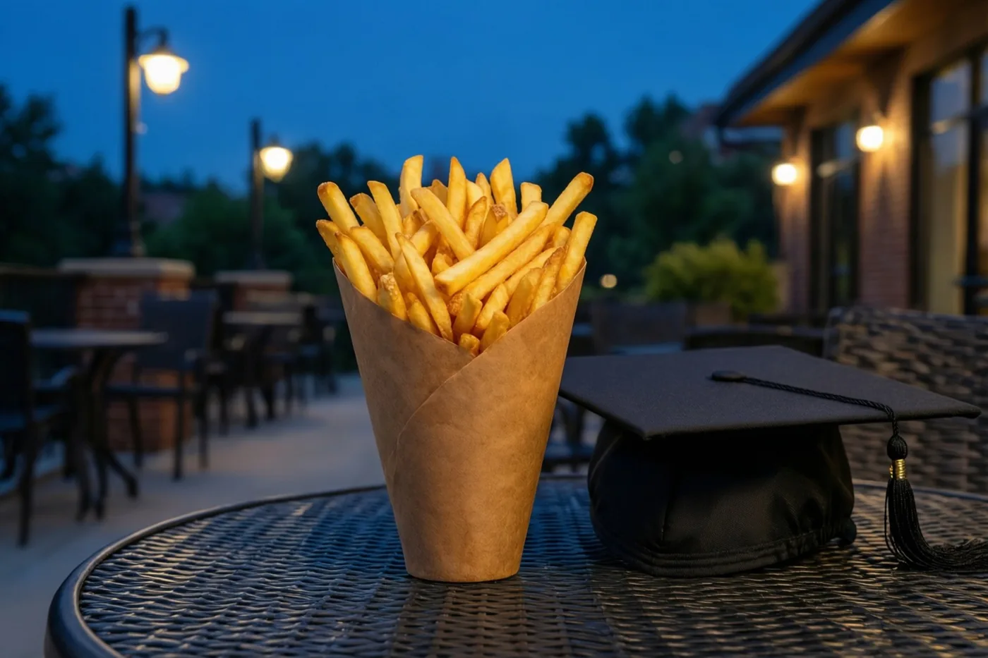 Een grote papieren puntzak goudgele frieten staat op een metalen terrastafel naast een zwart afstudeerhoedje, met warme lichtjes en een blauwe hemel in de schemering.