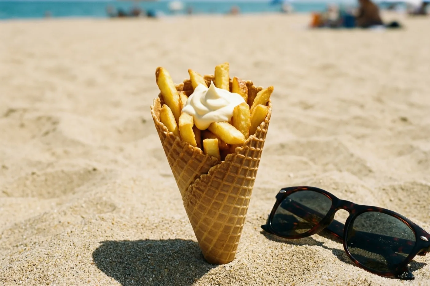 Een wafelhoorntje met goudgele frieten en een toef mayonaise staat in strandzand naast een zonnebril met schildpadmotief, met de zee onscherp op de achtergrond.