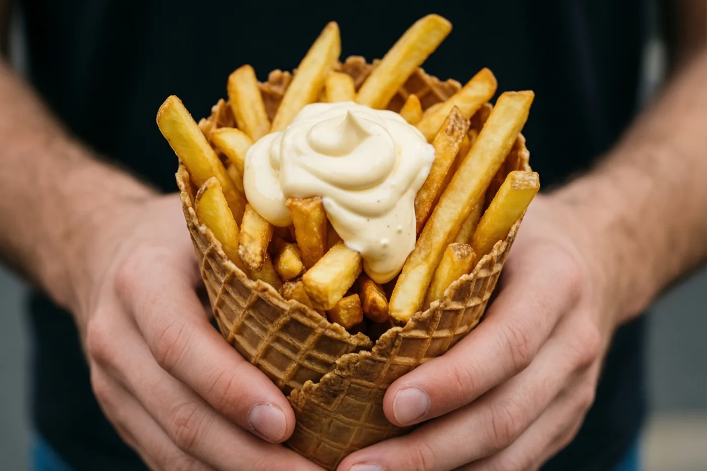Twee handen houden een wafelhoorntje met goudgele frieten en een toef mayonaise vast tegen een donkere achtergrond.