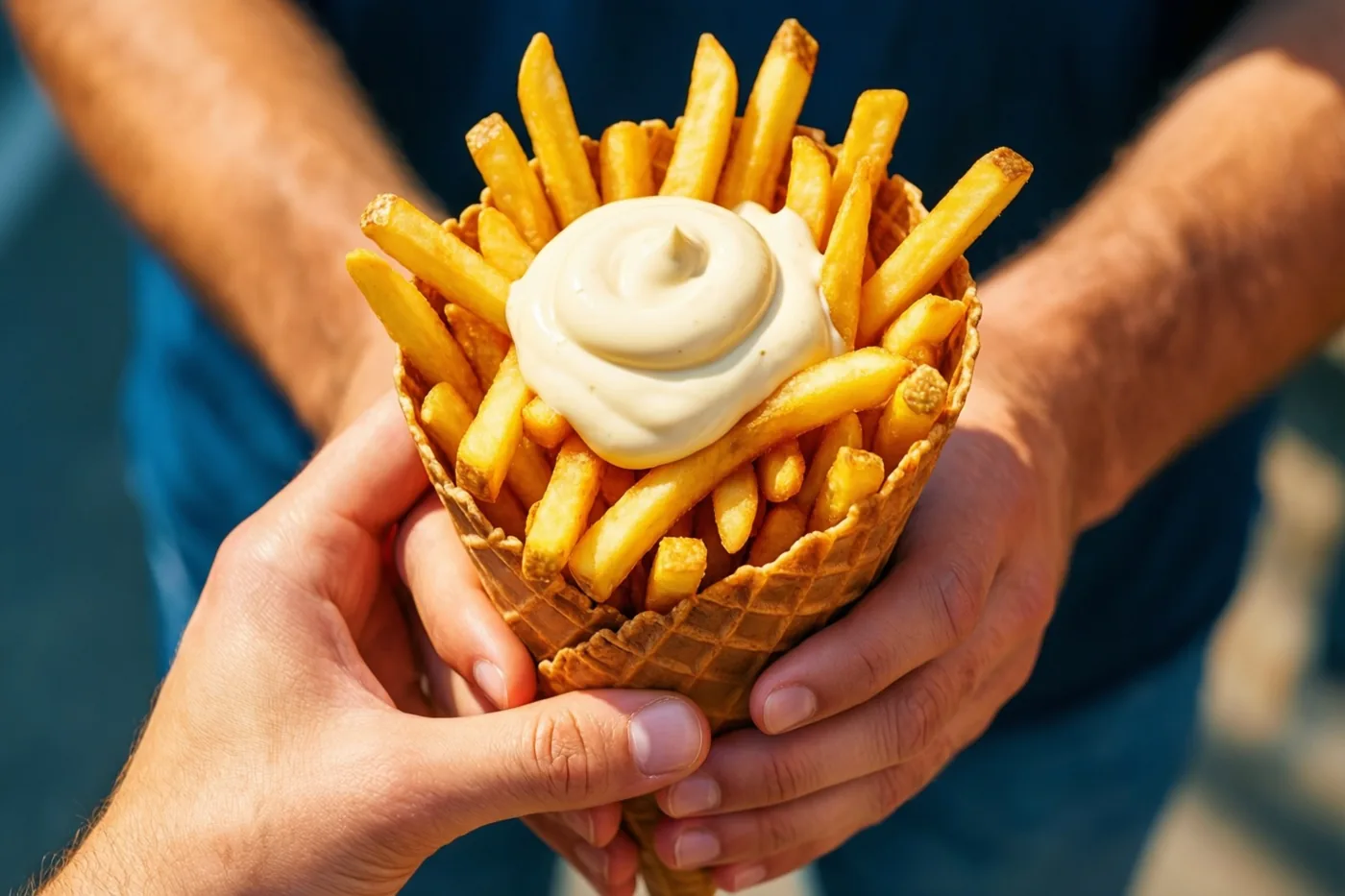 Twee handen houden in helder licht een wafelhoorntje vast met goudgele frieten en een toef romige mayonaise.