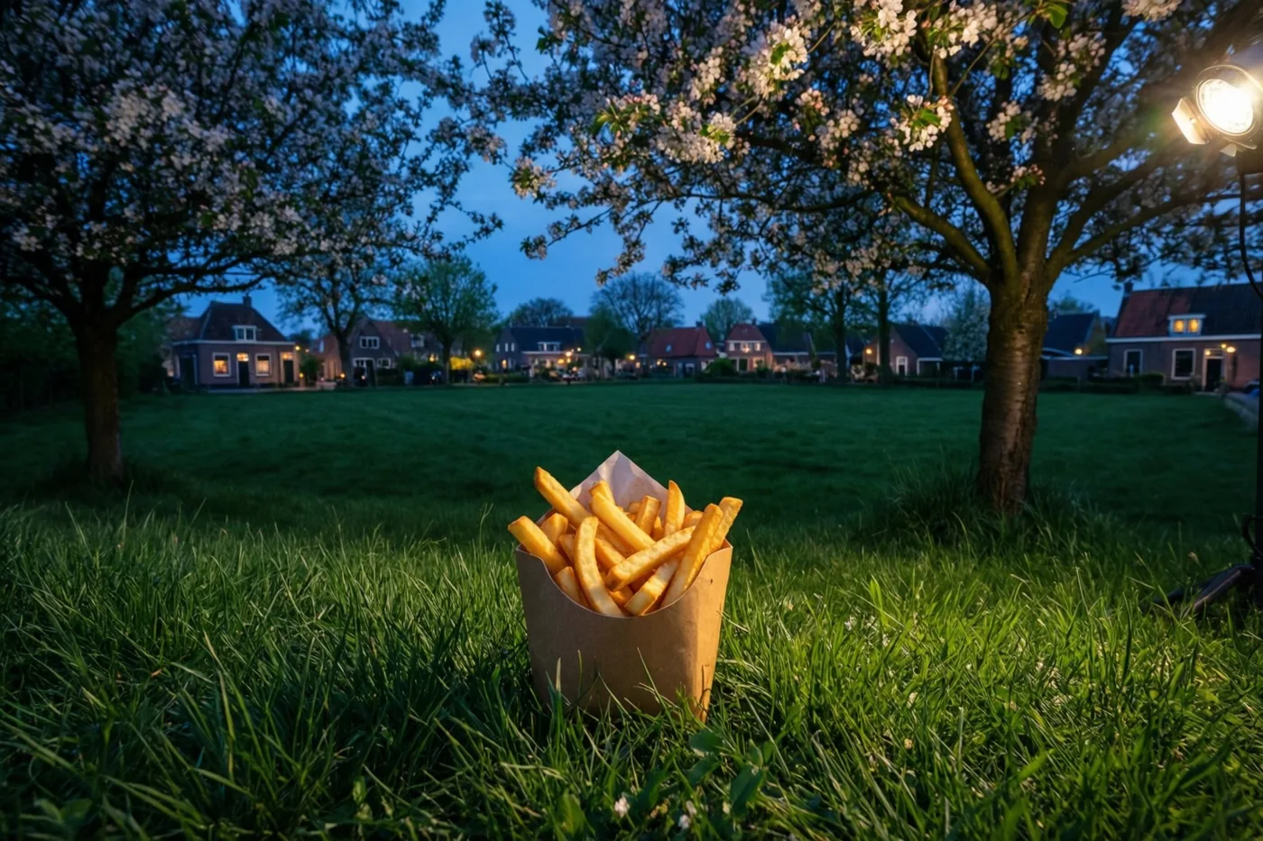 Een papieren bakje goudgele frieten staat op groen gras onder witbloeiende bomen, met verlichte dorpshuizen onder een diepblauwe schemerlucht op de achtergrond.