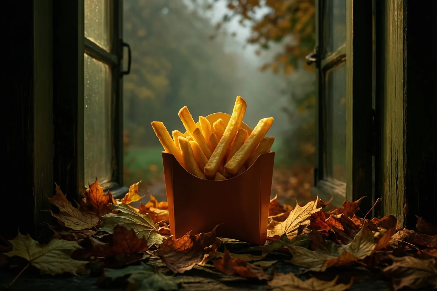 Een papieren bakje goudgele frieten staat tussen gevallen herfstbladeren op een vensterbank, met door het open raam zicht op een mistig, goudkleurig bos in warm licht.