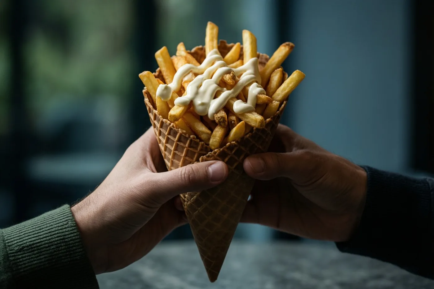 Twee handen houden een wafelhoorntje met goudgele frieten en witte mayonaise vast voor een wazige blauwgroene achtergrond.