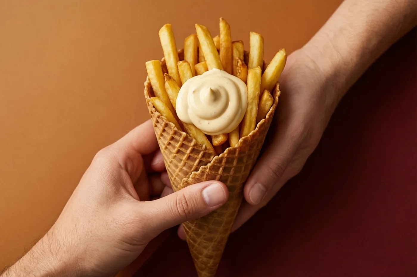 Twee handen houden een wafelhoorntje met goudgele frieten en een toef mayonaise vast tegen een achtergrond in bruine en rode tinten.