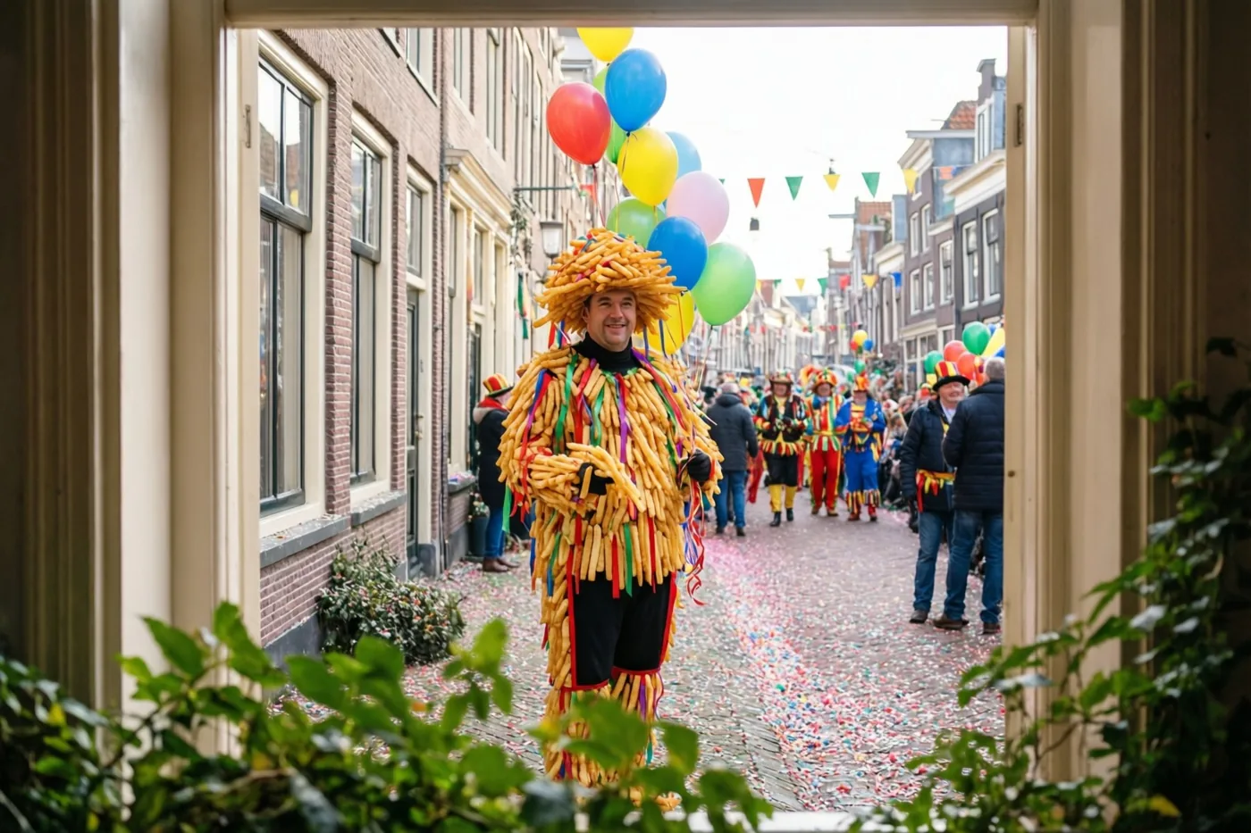 Door een raam met groen op de voorgrond zie je iemand in een frietkostuum in een smalle straat met ballonnen, confetti op de kasseien en andere verklede deelnemers verderop.