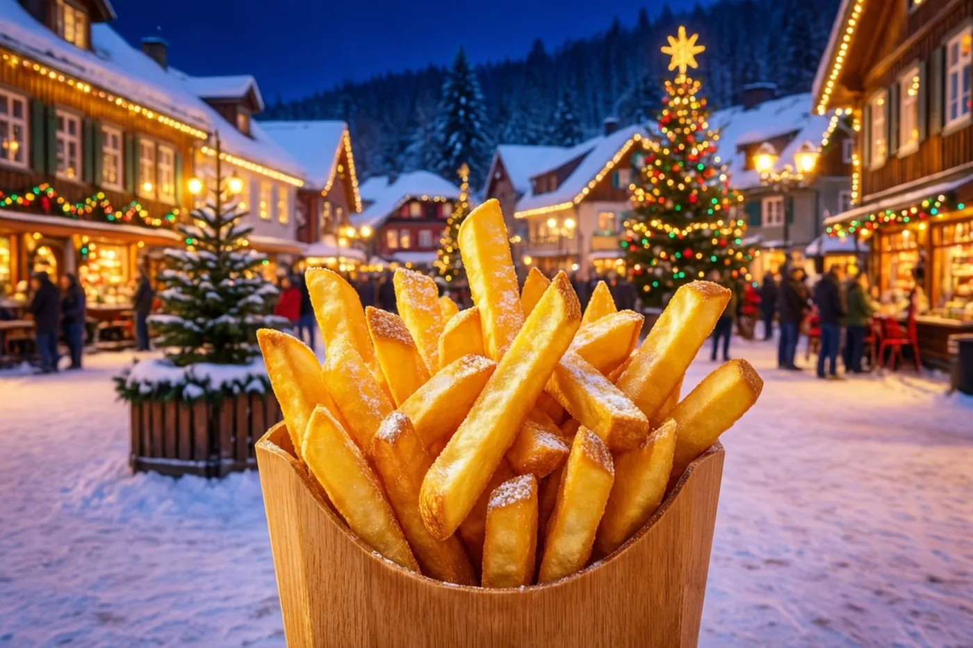 Een houten mandje goudgele frieten staat voor een besneeuwd dorpsplein met verlichte gebouwen, een grote versierde kerstboom en mensen bij nacht.