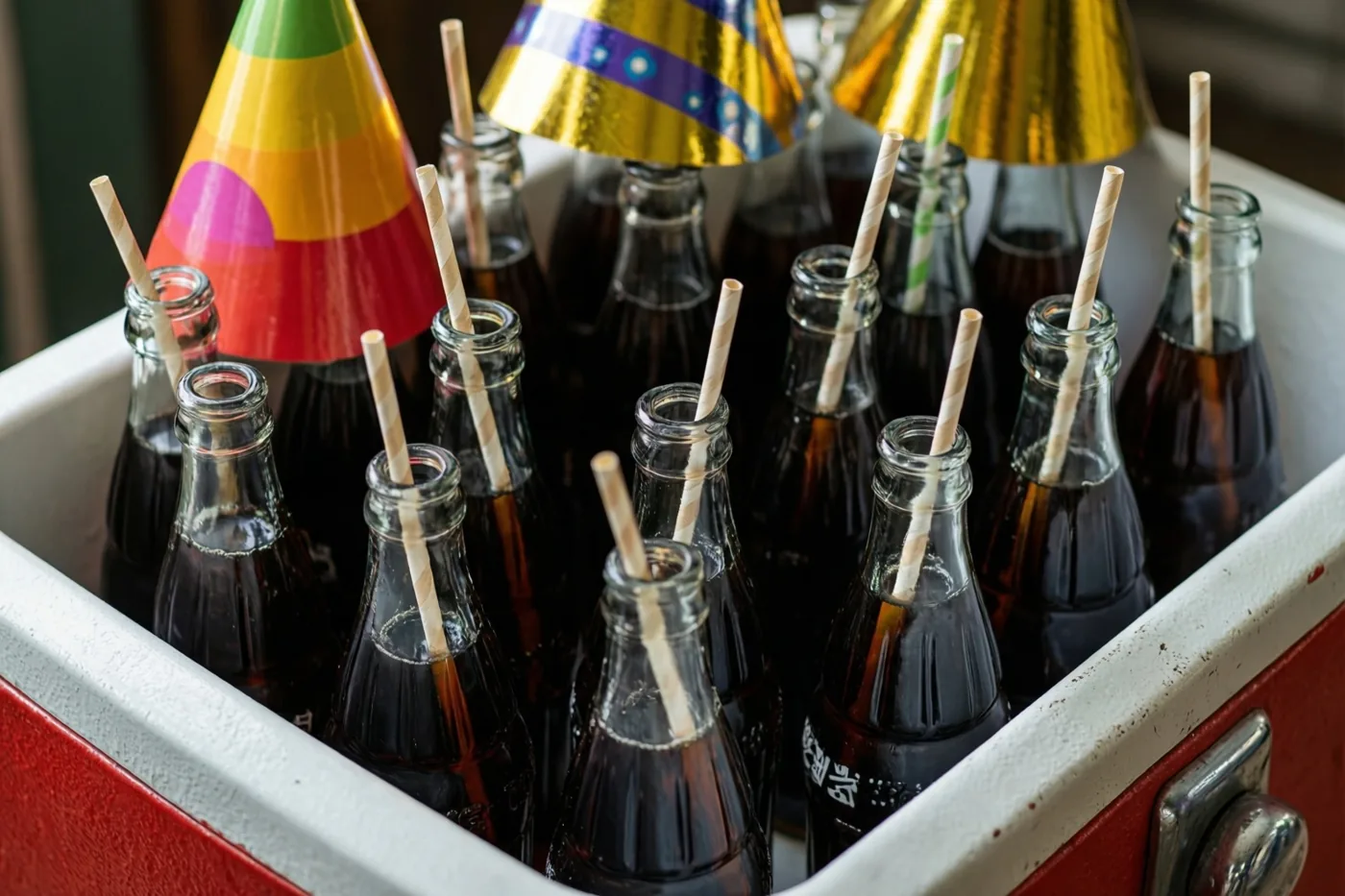 Glazen flesjes zonder etiket met donkere frisdrank en papieren rietjes staan in een rode retrokoelbox, met felgekleurde feesthoedjes op enkele flesjes.
