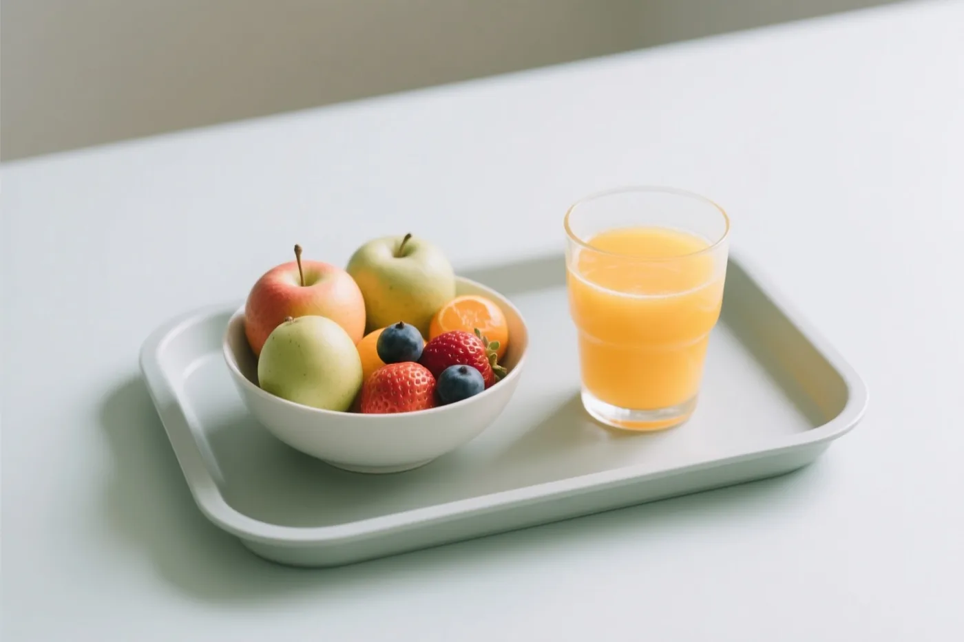 Een witte schaal met vers fruit en een glas sinaasappelsap staan op een lichtgrijs dienblad op een witte ondergrond in zacht licht.