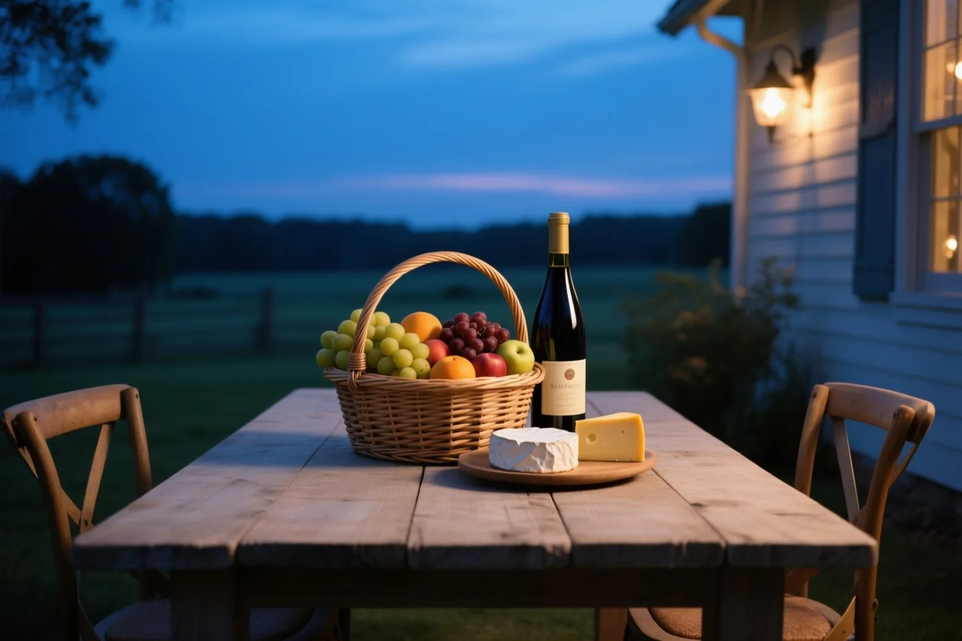 Een houten tafel op een landelijke veranda draagt een rieten fruitmand, een wijnfles en een bord met twee soorten kaas, met een brandende wandlamp en een veld in de schemering op de achtergrond.