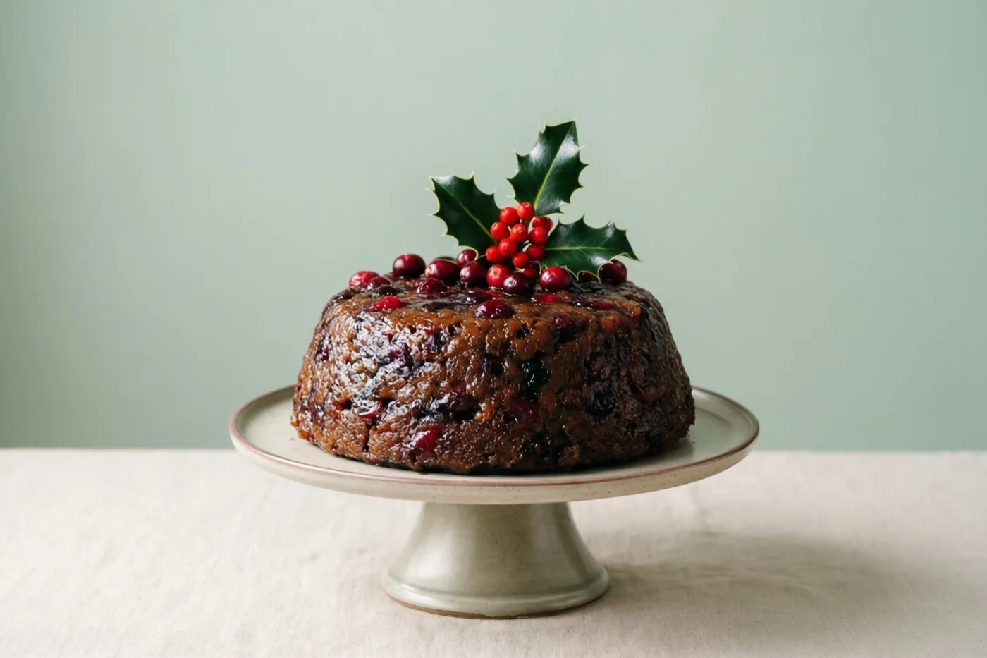 Een donkere cake met stukjes fruit in de vorm van een kerstpudding staat met hulst en veenbessen op een keramische taartstandaard voor een zachtgroene muur boven een lichtbeige tafelkleed.