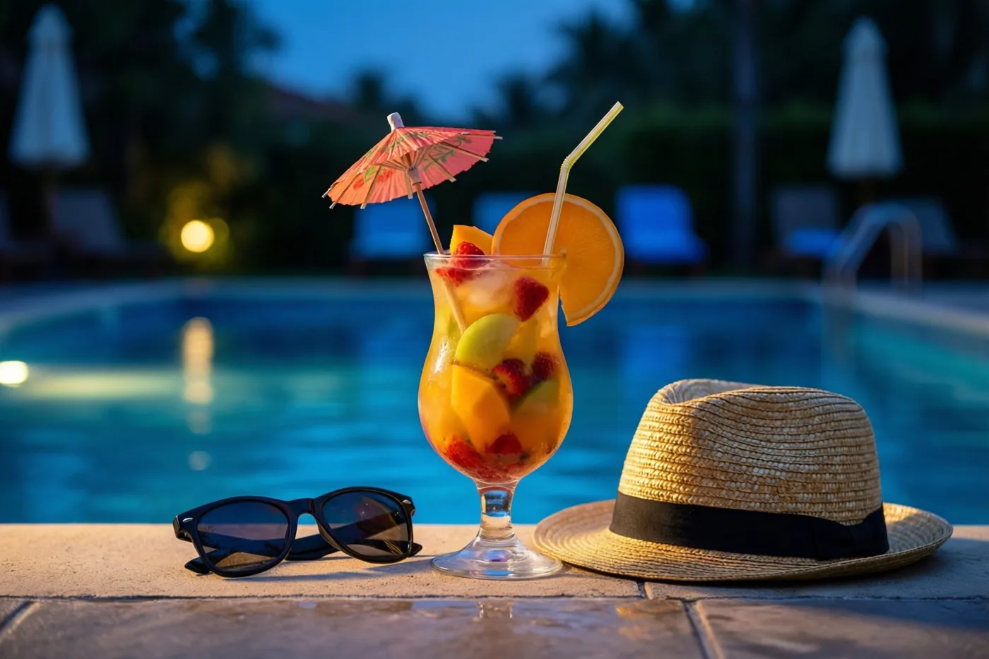 Een hoog glas fruitcocktail met een papieren parasolletje en een sinaasappelschijfje staat naast een zonnebril en strohoed op een zwembadrand, met blauw water en onscherpe lichtjes in de schemering.