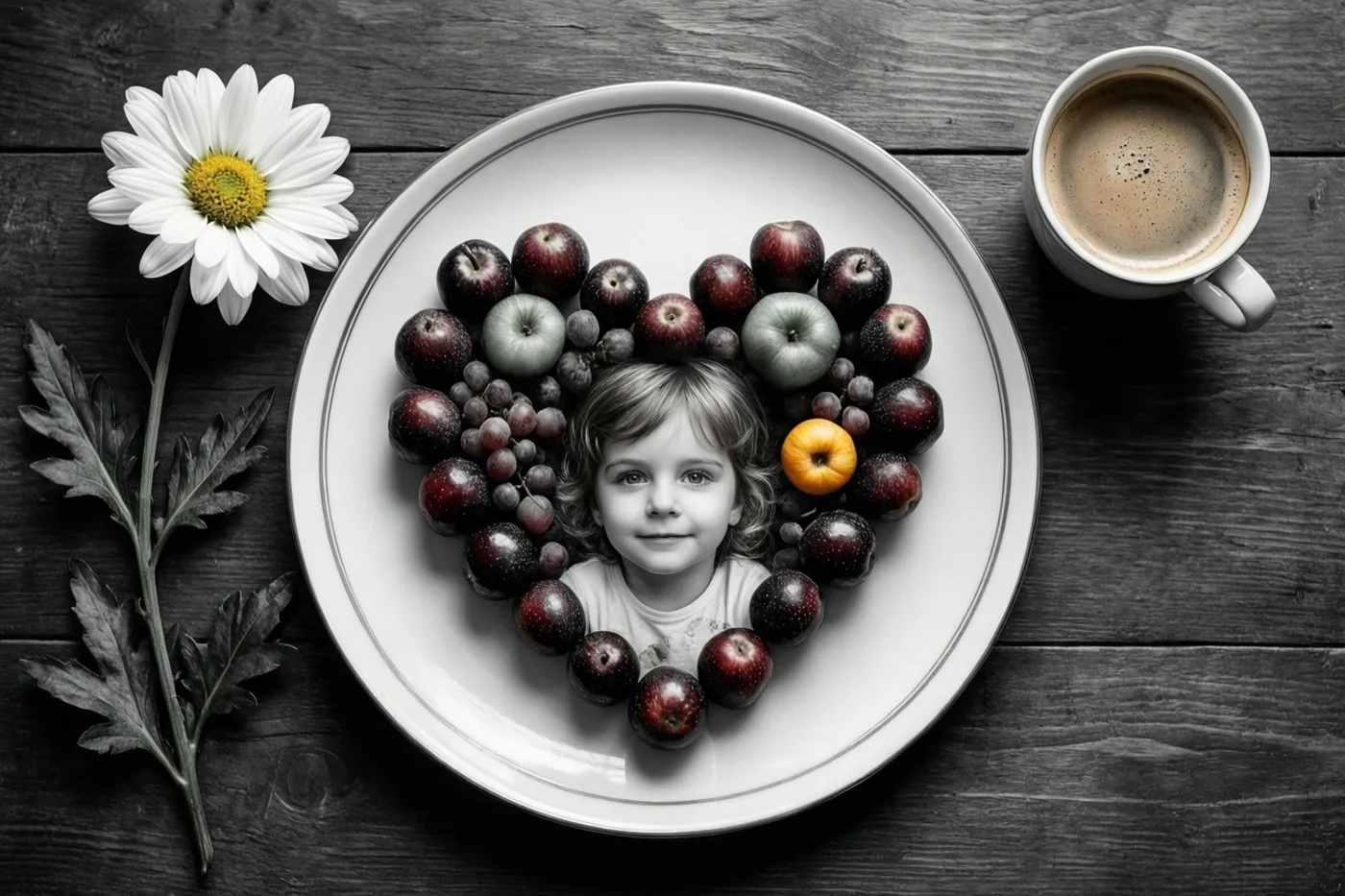 Een kindergezicht staat midden in een hart van fruit op een wit bord naast koffie en een wit madeliefje op een donkerhouten tafel, met kleuraccenten op het fruit en de bloem tegen een monochrome achtergrond.
