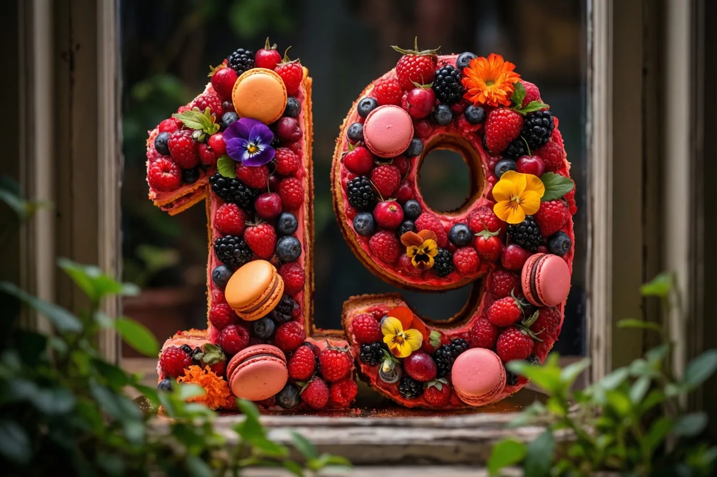 Een taart in de vorm van 19 met frambozen, bramen, blauwe bessen, macarons en eetbare bloemen staat op een vensterbank met groen op de voorgrond.